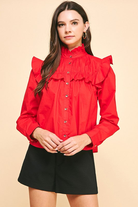 Ruffled Ruby Button-Up Top