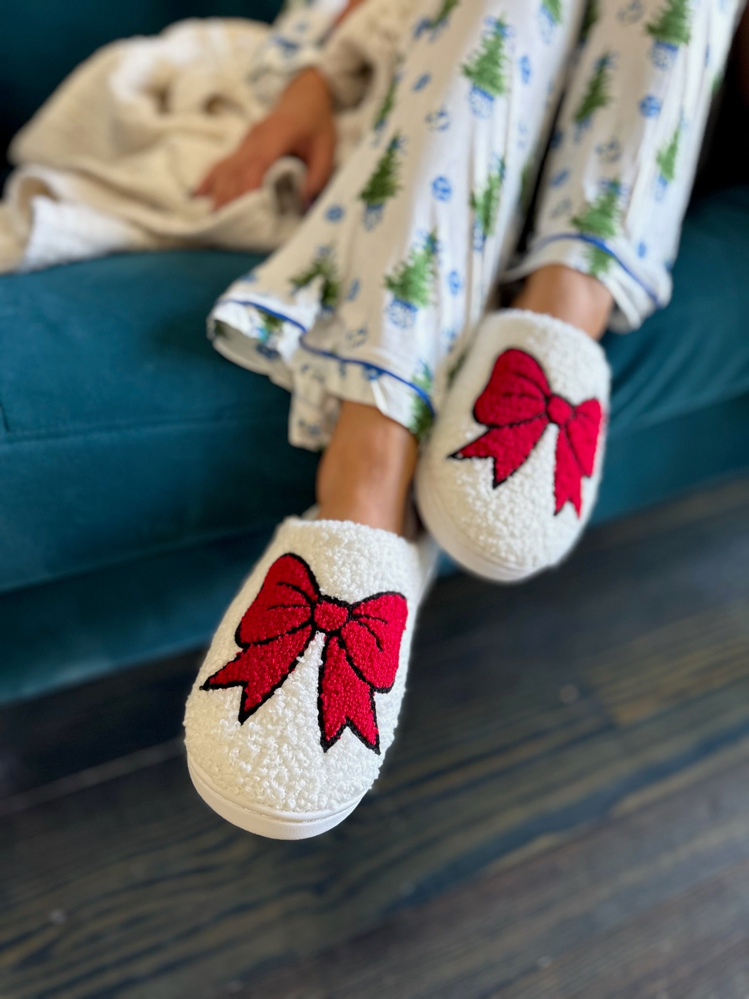 Red Bow Shearling Slippers