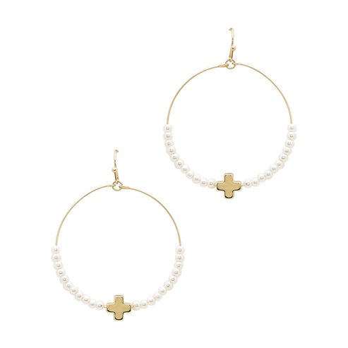 Golden Cross & Pearl Hoop Earrings