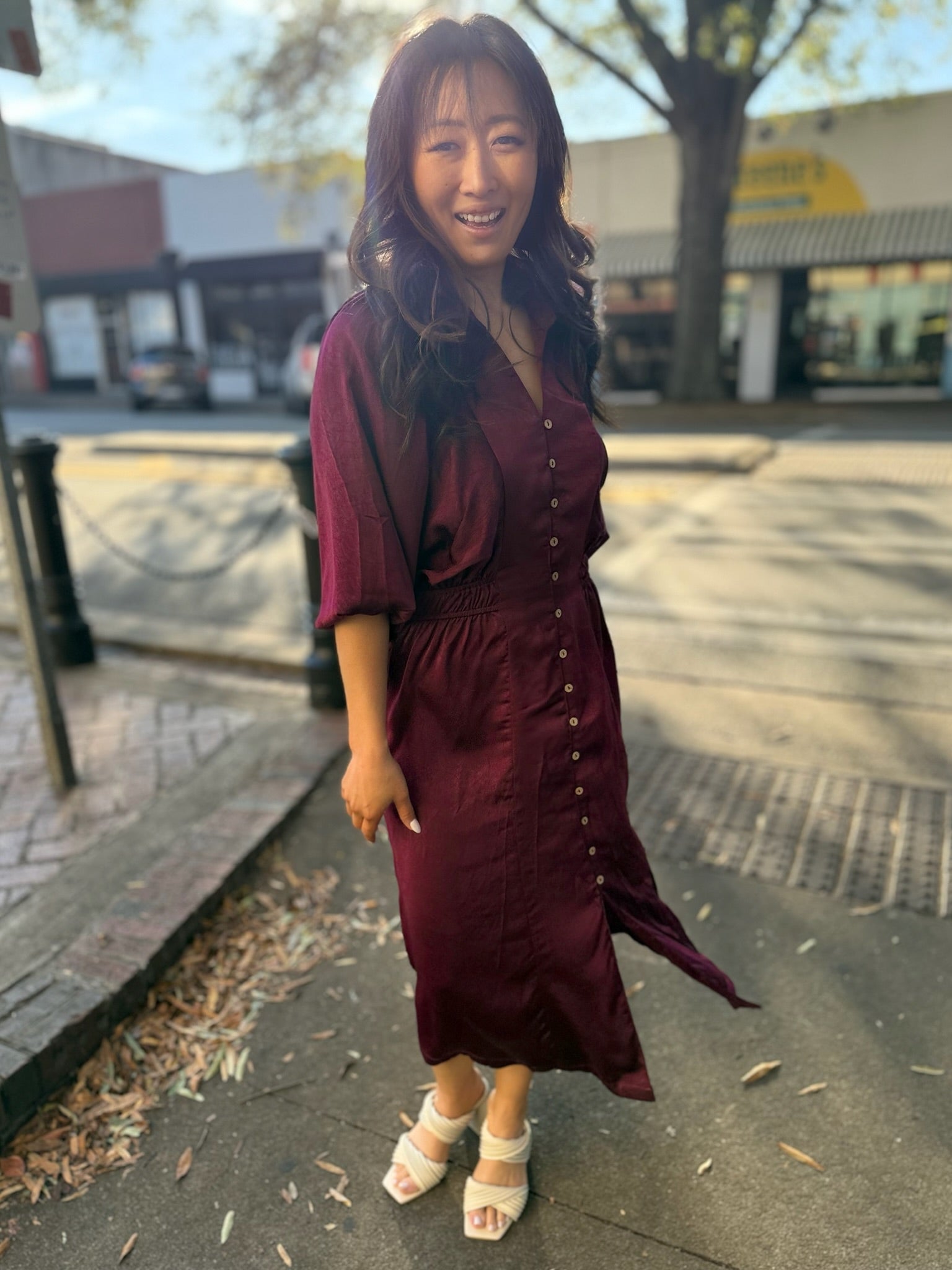 Merlot Mirage Crinkle Midi Dress