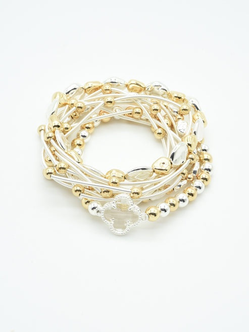 Clover Charm Silver & Gold Stretch Bracelet