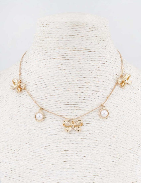 Gold Bow & Pearl Charm Necklace