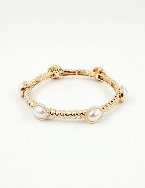 Radiant Ribbed Gold & Pearl Stretch Bracelet