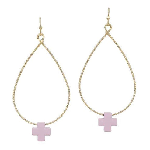 Gold Metal Blush Cross Teardrop Earrings