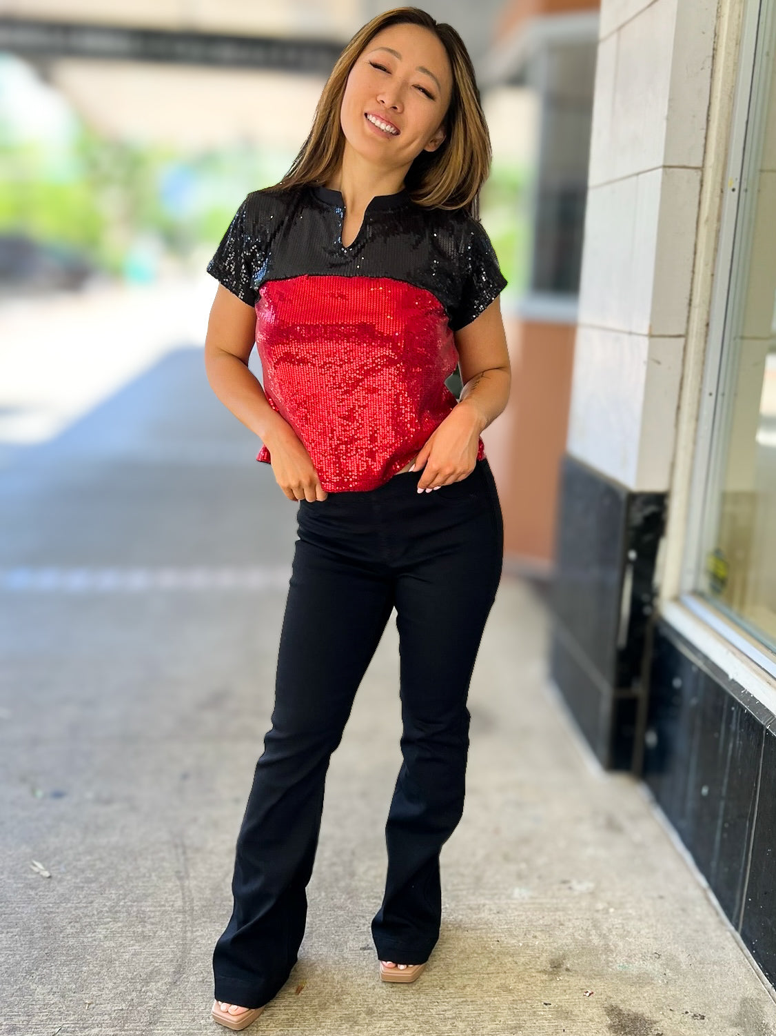 Diane Red & Black Sequin Top