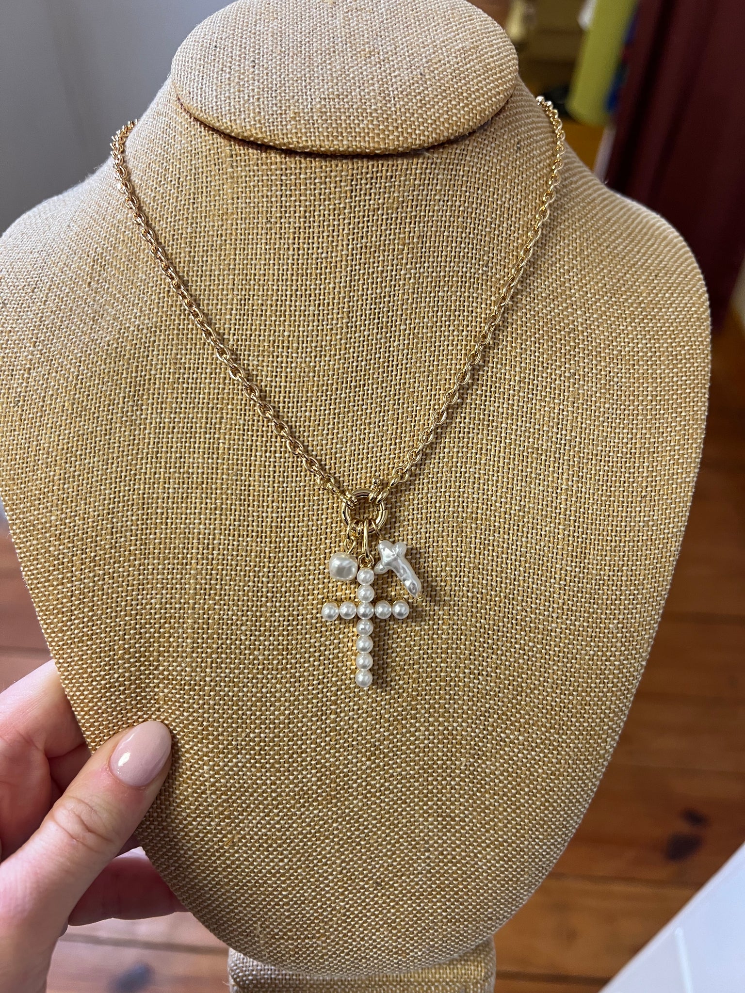 Graceful Pearl Cross Charm Necklace