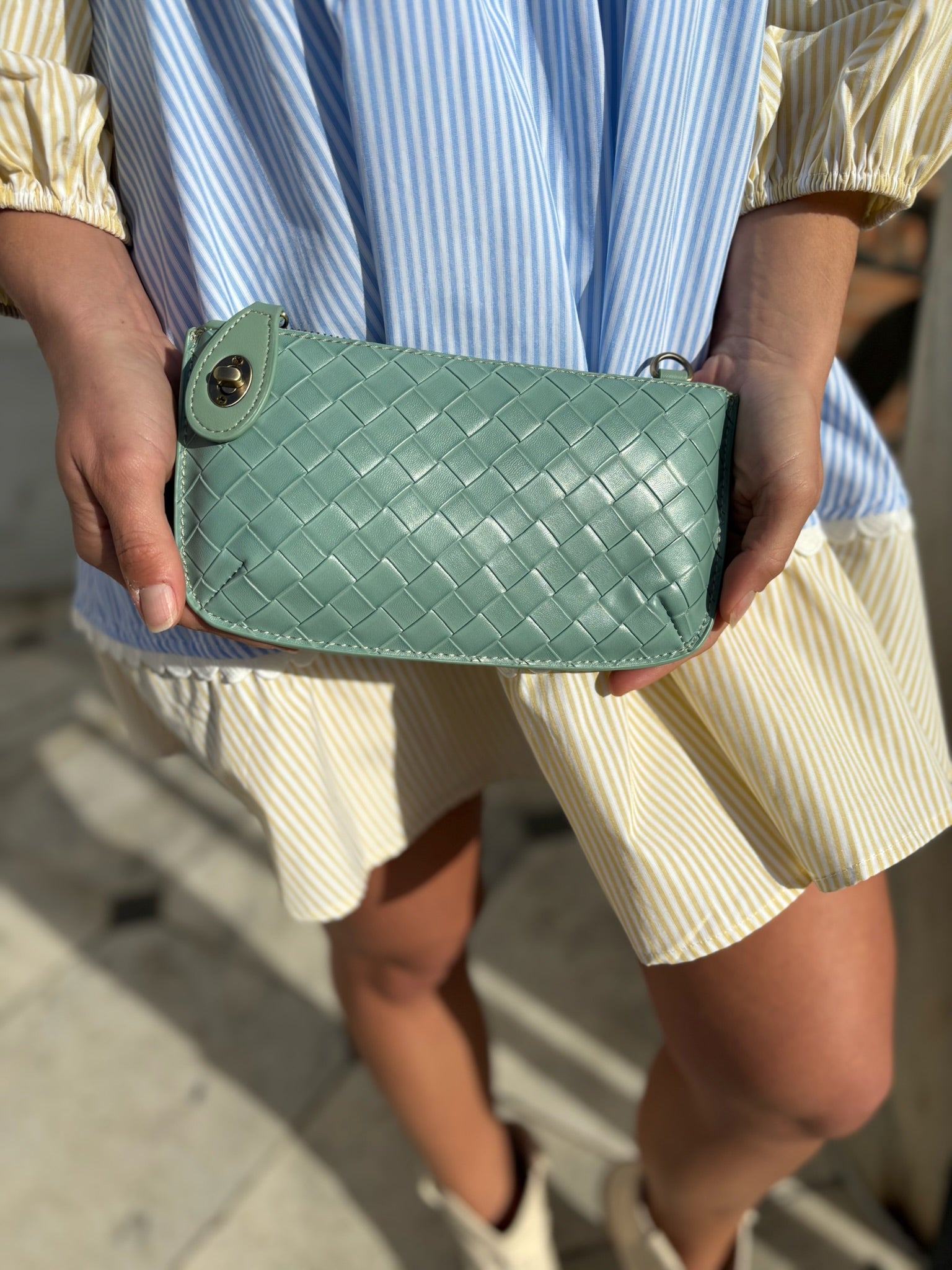 Faux Wide Woven Mini Crossbody Wristlet - Seafoam