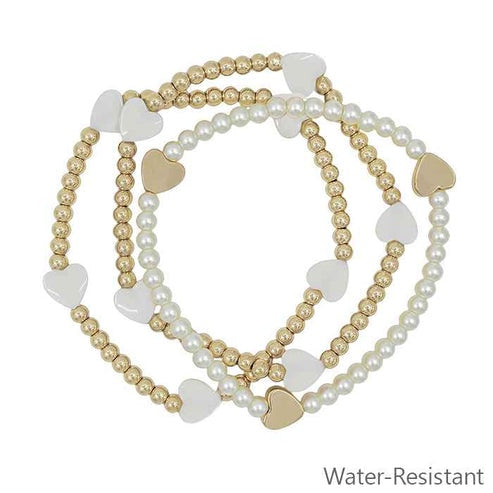 Water Resistant Pure Heart Pearl Bracelet Set