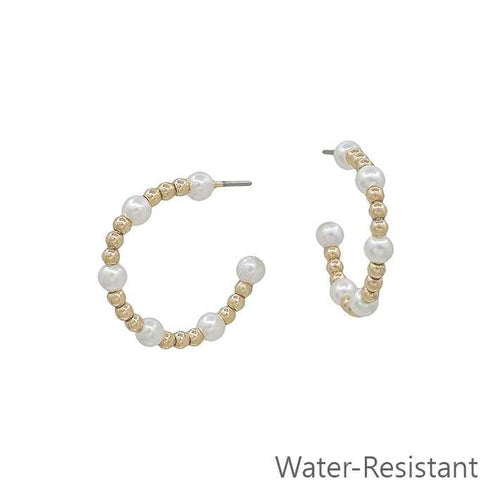 Water Resistant Radiant Pearl & Gold Hoops