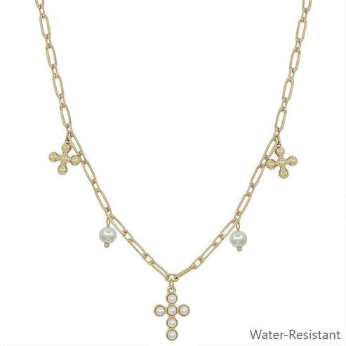 Water Resistant Pearl Cross Grace Necklace