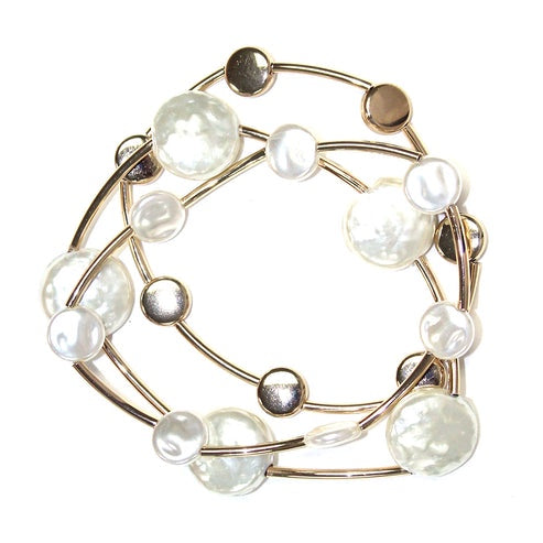 Coastal Elegance Pearl & Gold Beaded Stretch Bracelet