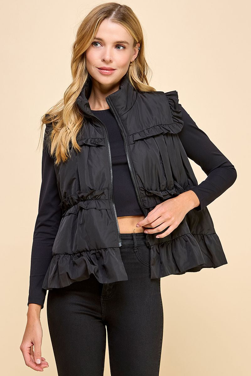 Ruffle & Bow Chic Vest in Black