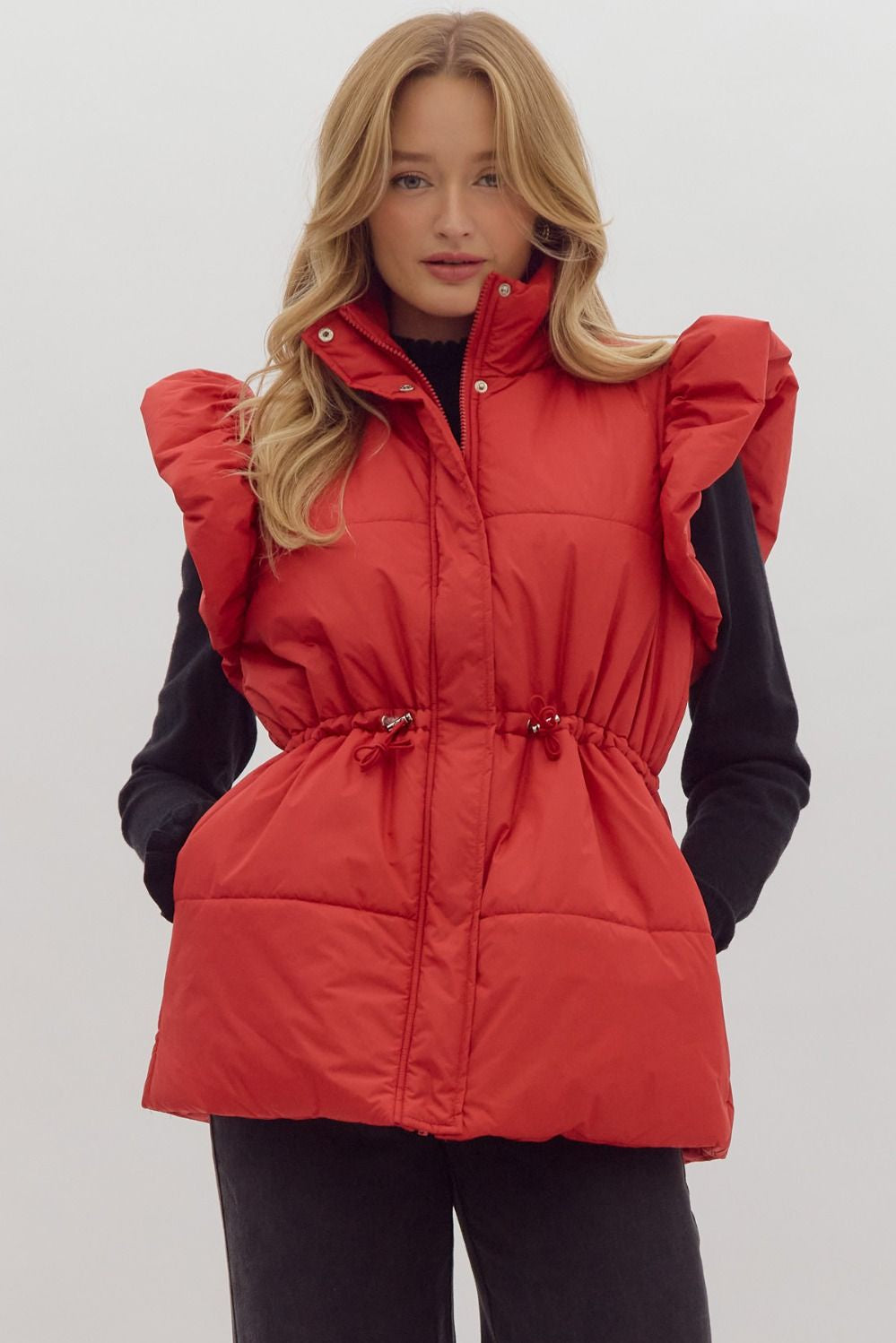 Ruffle Ridge Puffer Vest - Red