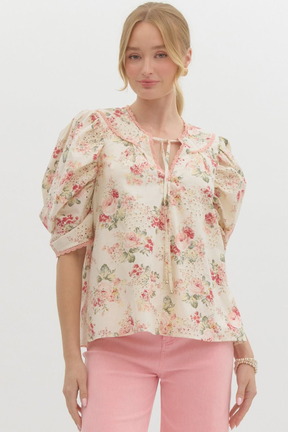 Floral Grace Eyelet Puff Sleeve Top