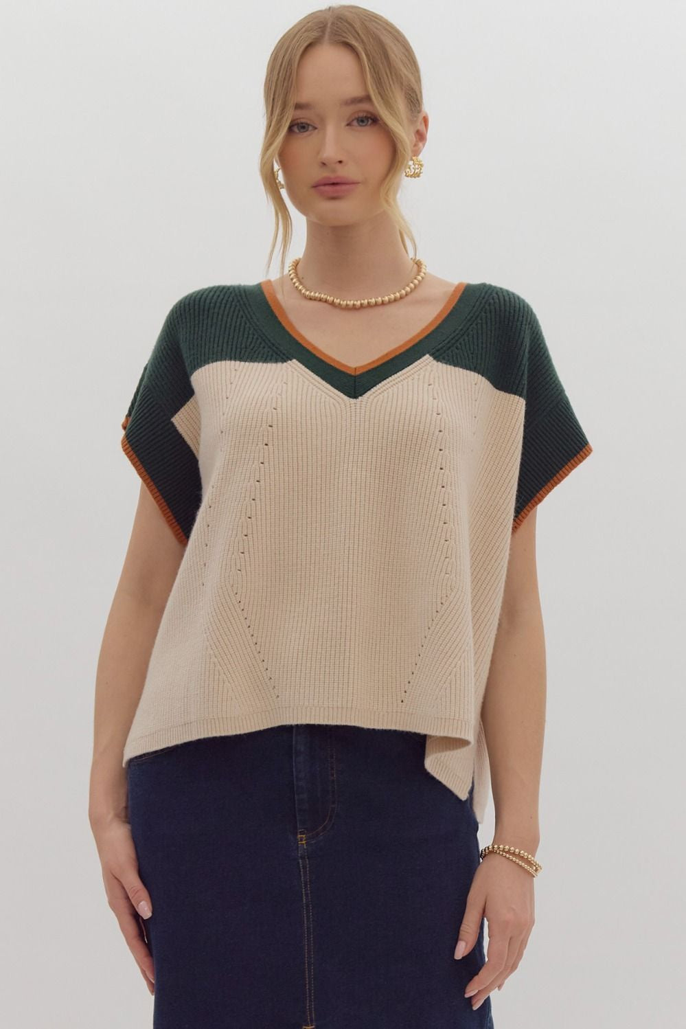 Color Block V-Neck Split Hem Sweater